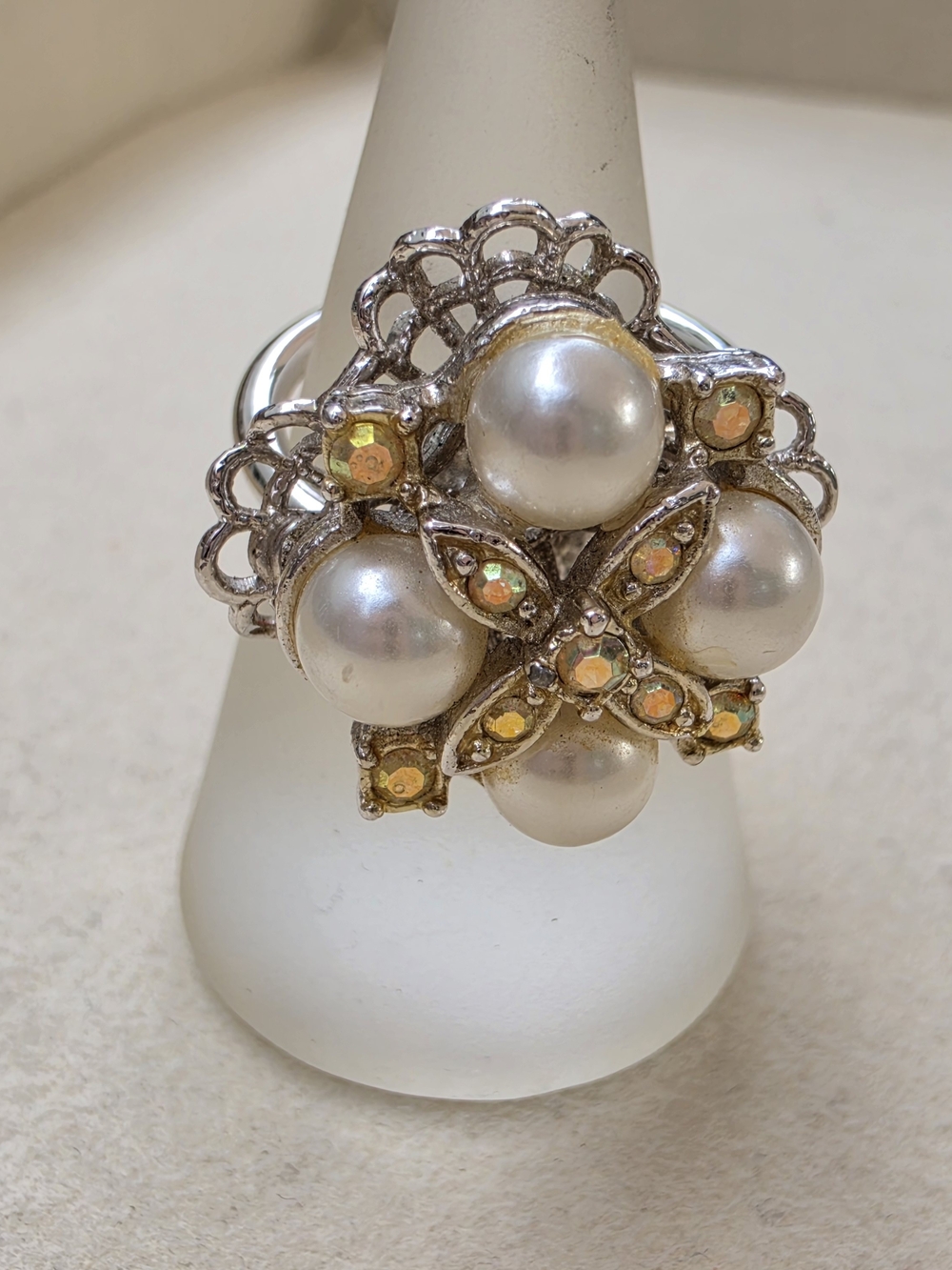 Sarah Coventry: CAMELOT Faux Pearl AB Rhinestone Cluster Ring • 1969